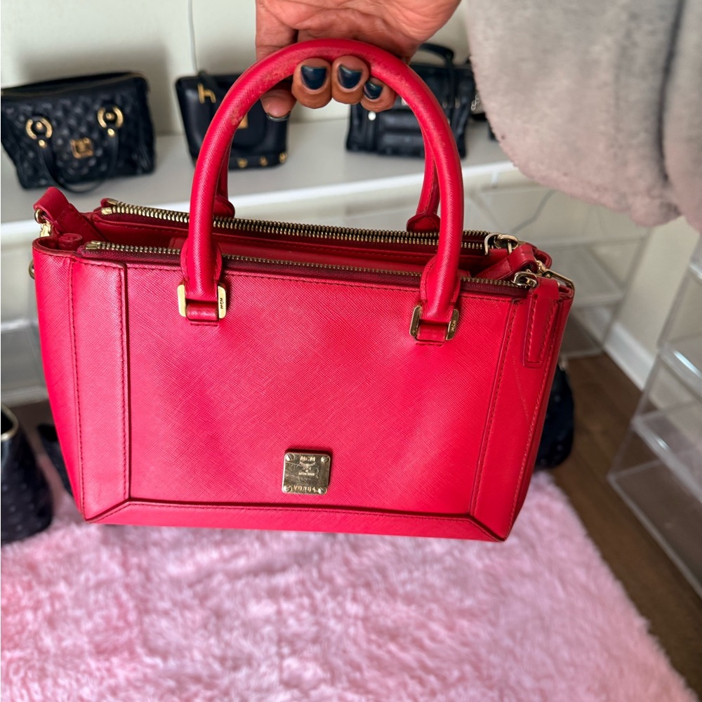MCM Hot Pink Structured Leather Satchel with Gold Hardware